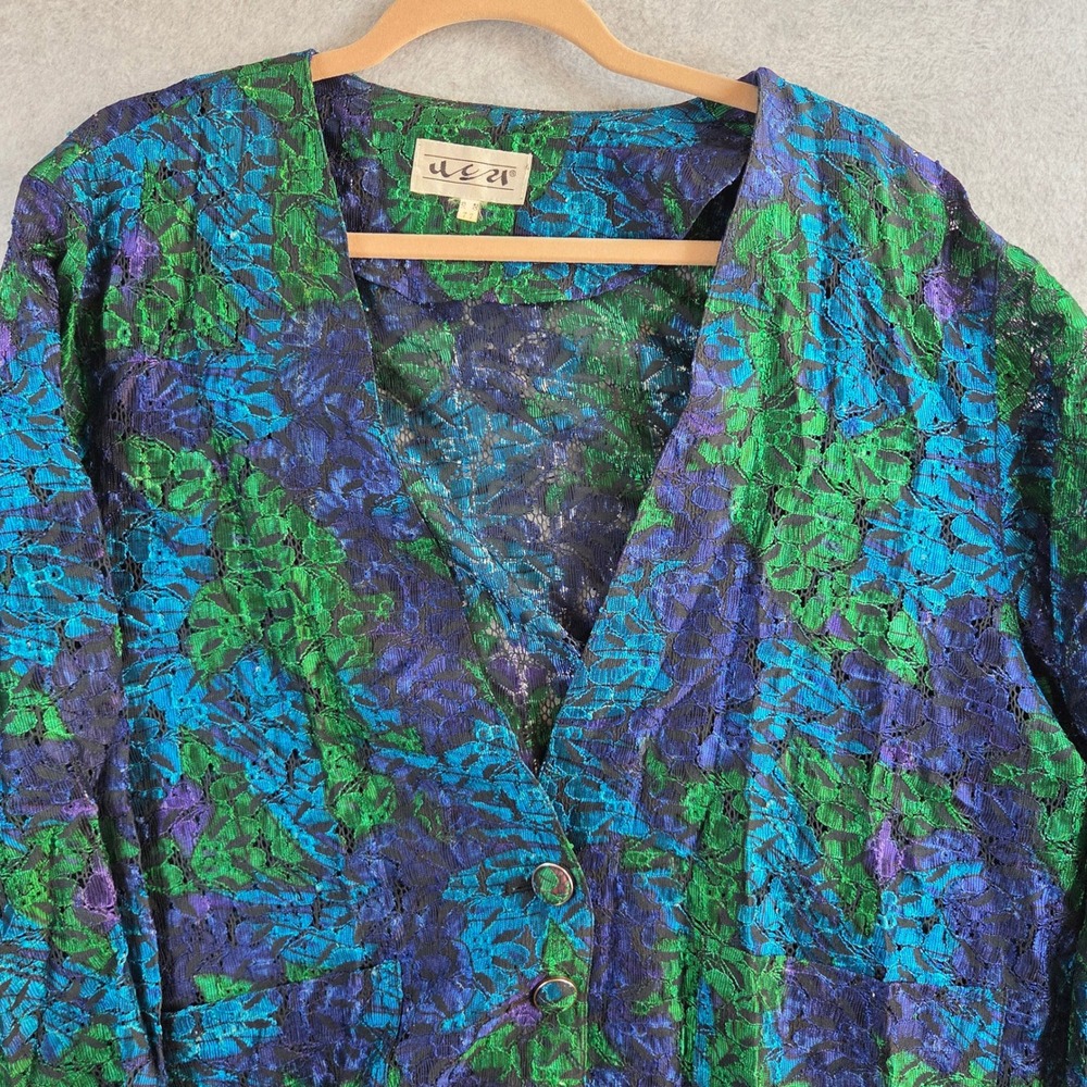 Nadri Vintage Lace Cardigan Women Size Large Green Blue Purple Floral Button Up